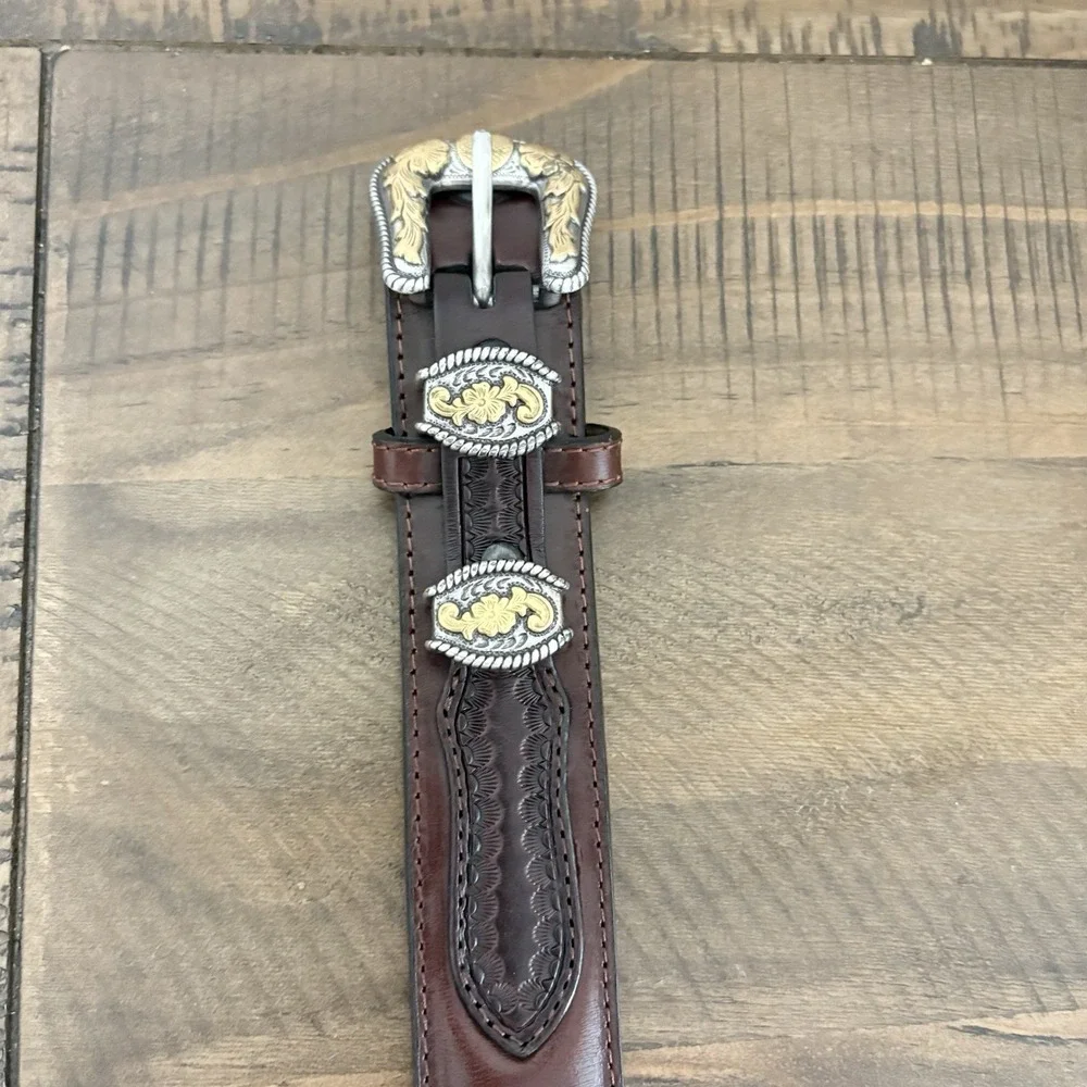 Nocona Brown Leather Western Belt 46 | Two-Tone Silver & Gold Buckle | Tooled